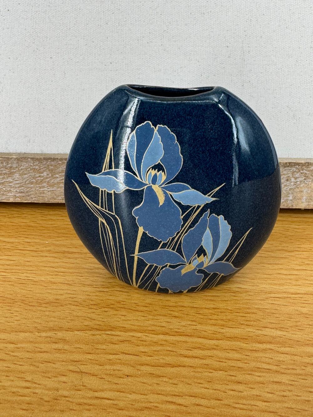 Vintage Otagiri Japan hand crafted blue iris floral ceramic vase small 4" tall